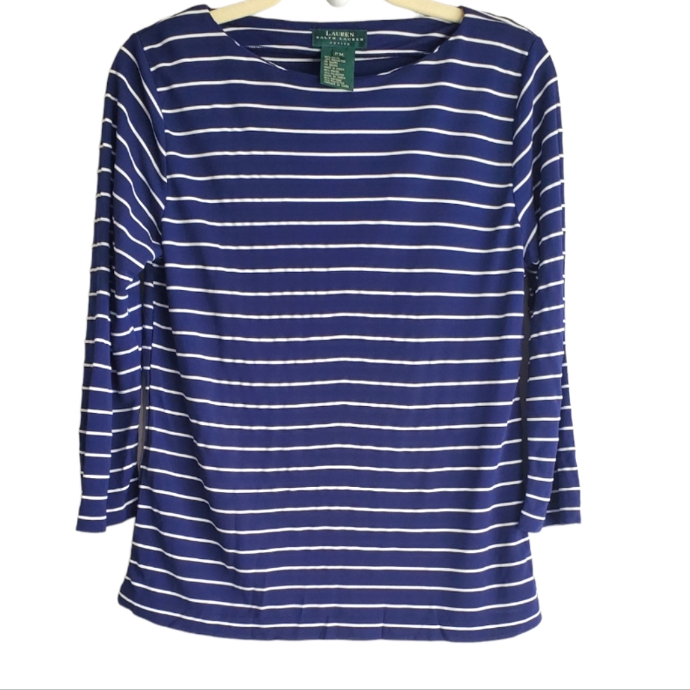 Lauren Ralph Lauren Top Womens Blue White Stripe Boat Neck Nautical Size:PM